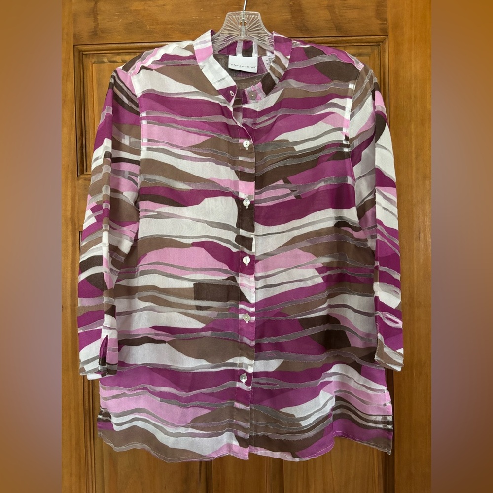 Alfred Dunner Pink, Purple and Gray Striped Semi-Sheer Blouse - Picture 1 of 6